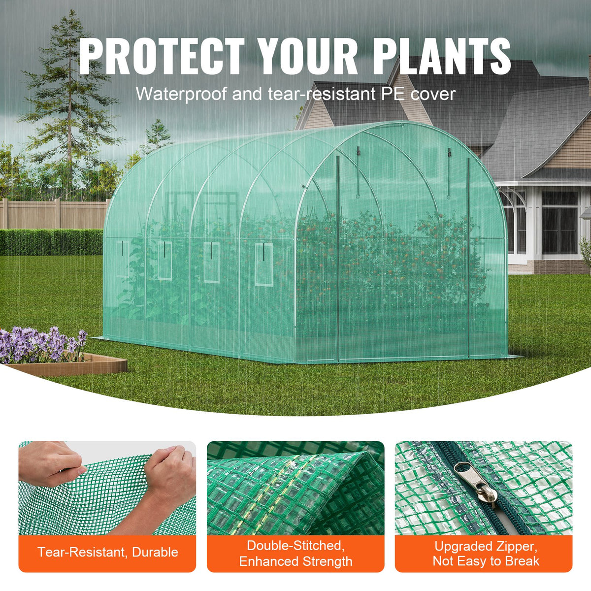 Walk-in Tunnel Greenhouse, 14.6x6.4x6.3 ft Hoop House Greenhouse Tunnel, Plant Hot House with Galvanized Steel Frame, Green PE Cover, Roll-up Zipper Door and 8 Windows for Outdoor