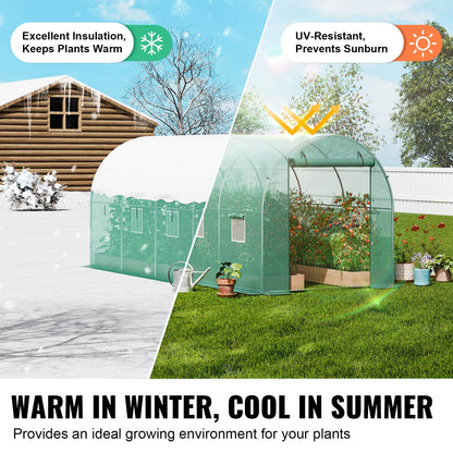 Walk-in Tunnel Greenhouse, 14.6x6.4x6.3 ft Hoop House Greenhouse Tunnel, Plant Hot House with Galvanized Steel Frame, Green PE Cover, Roll-up Zipper Door and 8 Windows for Outdoor