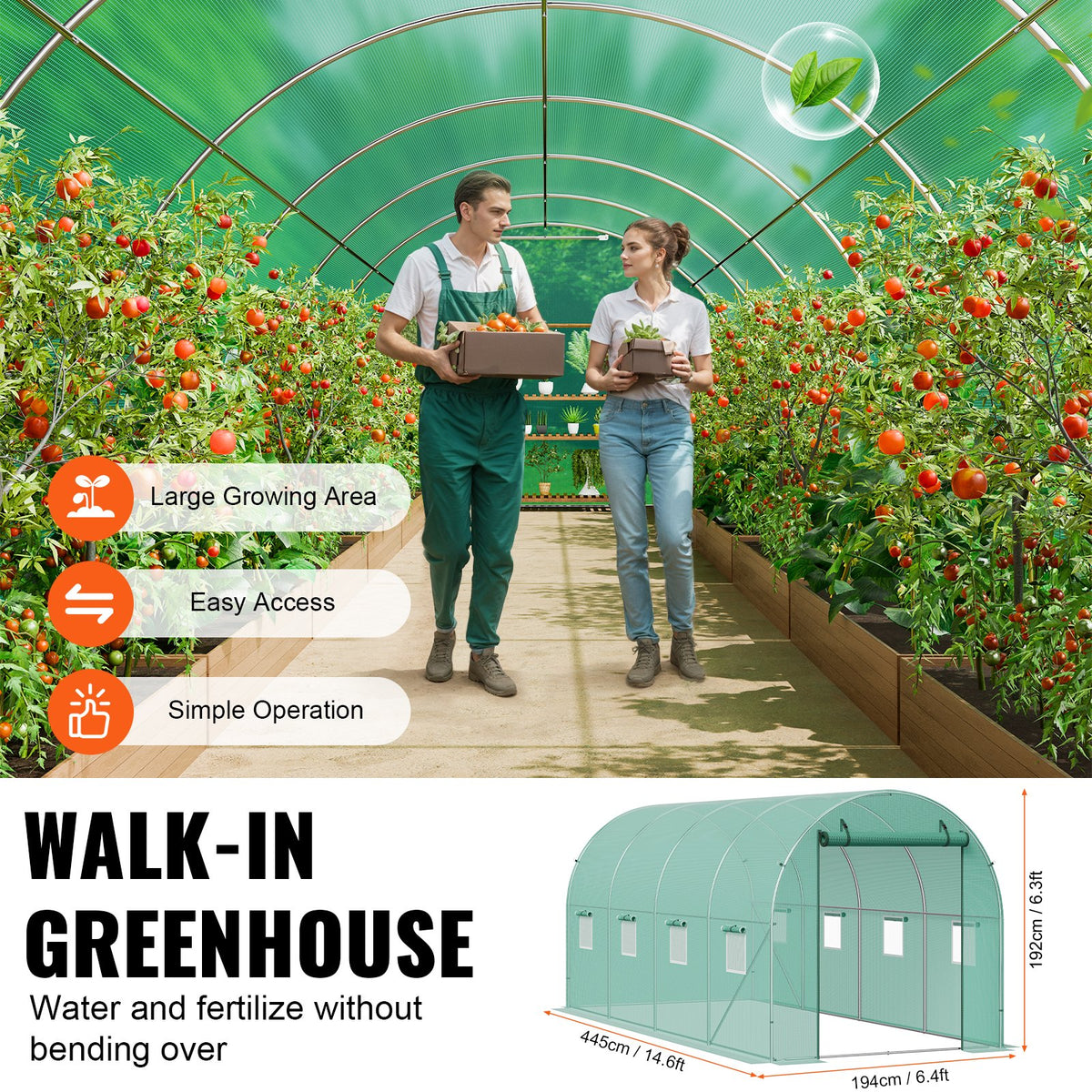 Walk-in Tunnel Greenhouse, 14.6x6.4x6.3 ft Hoop House Greenhouse Tunnel, Plant Hot House with Galvanized Steel Frame, Green PE Cover, Roll-up Zipper Door and 8 Windows for Outdoor