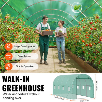 Walk-in Tunnel Greenhouse, 14.6x6.4x6.3 ft Hoop House Greenhouse Tunnel, Plant Hot House with Galvanized Steel Frame, Green PE Cover, Roll-up Zipper Door and 8 Windows for Outdoor