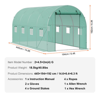 Walk-in Tunnel Greenhouse, 14.6x6.4x6.3 ft Hoop House Greenhouse Tunnel, Plant Hot House with Galvanized Steel Frame, Green PE Cover, Roll-up Zipper Door and 8 Windows for Outdoor