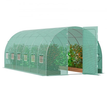Walk-in tunnelväxthus, 19,4x9,7x7,4 fot Hoop House växthustunnel, växthus med galvaniserad stålram, grönt PE-lock, svängdörr och 12 rullfönster för utomhusbruk
