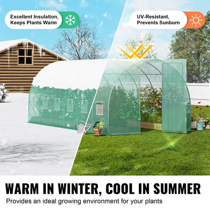 Walk-in tunnelväxthus, 19,4x9,7x7,4 fot Hoop House växthustunnel, växthus med galvaniserad stålram, grönt PE-lock, svängdörr och 12 rullfönster för utomhusbruk