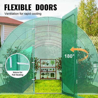 Walk-in tunnelväxthus, 19,4x9,7x7,4 fot Hoop House växthustunnel, växthus med galvaniserad stålram, grönt PE-lock, svängdörr och 12 rullfönster för utomhusbruk