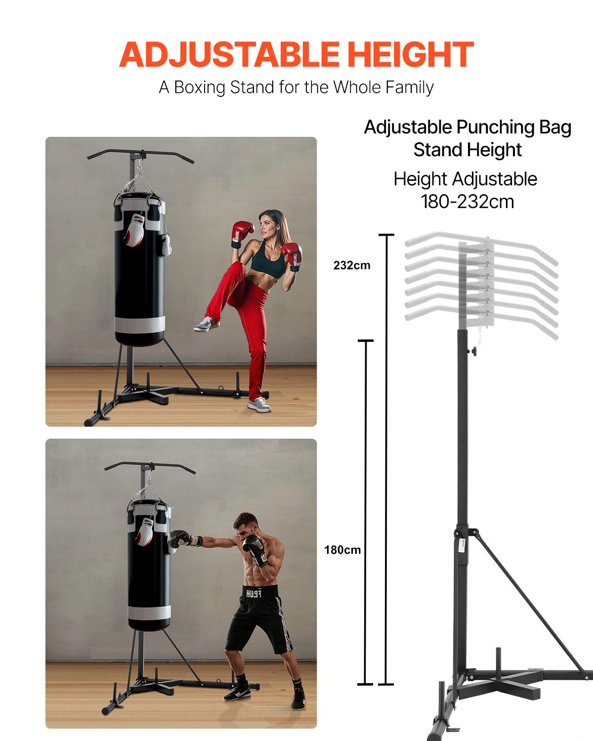2-i-1-ställ för boxningssäck, kraftig träningsutrustning i stål, justerbar höjd för boxningsboxning med pull-up-stång, fristående sandsäcksställ, rymmer upp till 140 lbs, för hemmagym och fitness