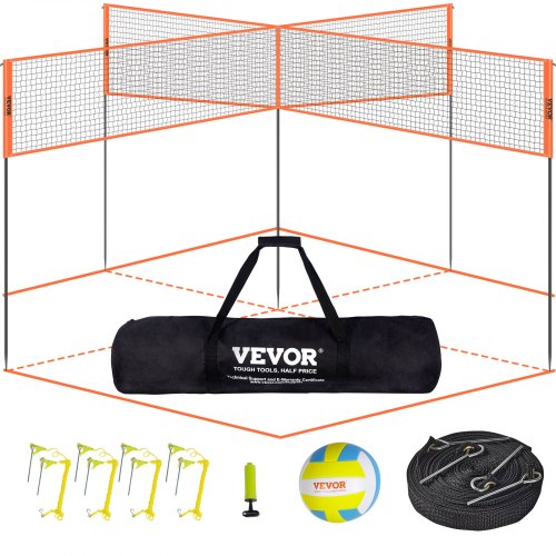 4-vägs volleybollnät, justerbart badmintonnätset för trädgårdsstrandgräsmatta, bärbart utomhusvolleybollnät med bärväska, 4 kvadratiskt snabbmonterat spelset för barn och vuxna