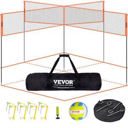 4-vägs volleybollnät, justerbart badmintonnätset för trädgårdsstrandgräsmatta, bärbart utomhusvolleybollnät med bärväska, 4 kvadratiskt snabbmonterat spelset för barn och vuxna
