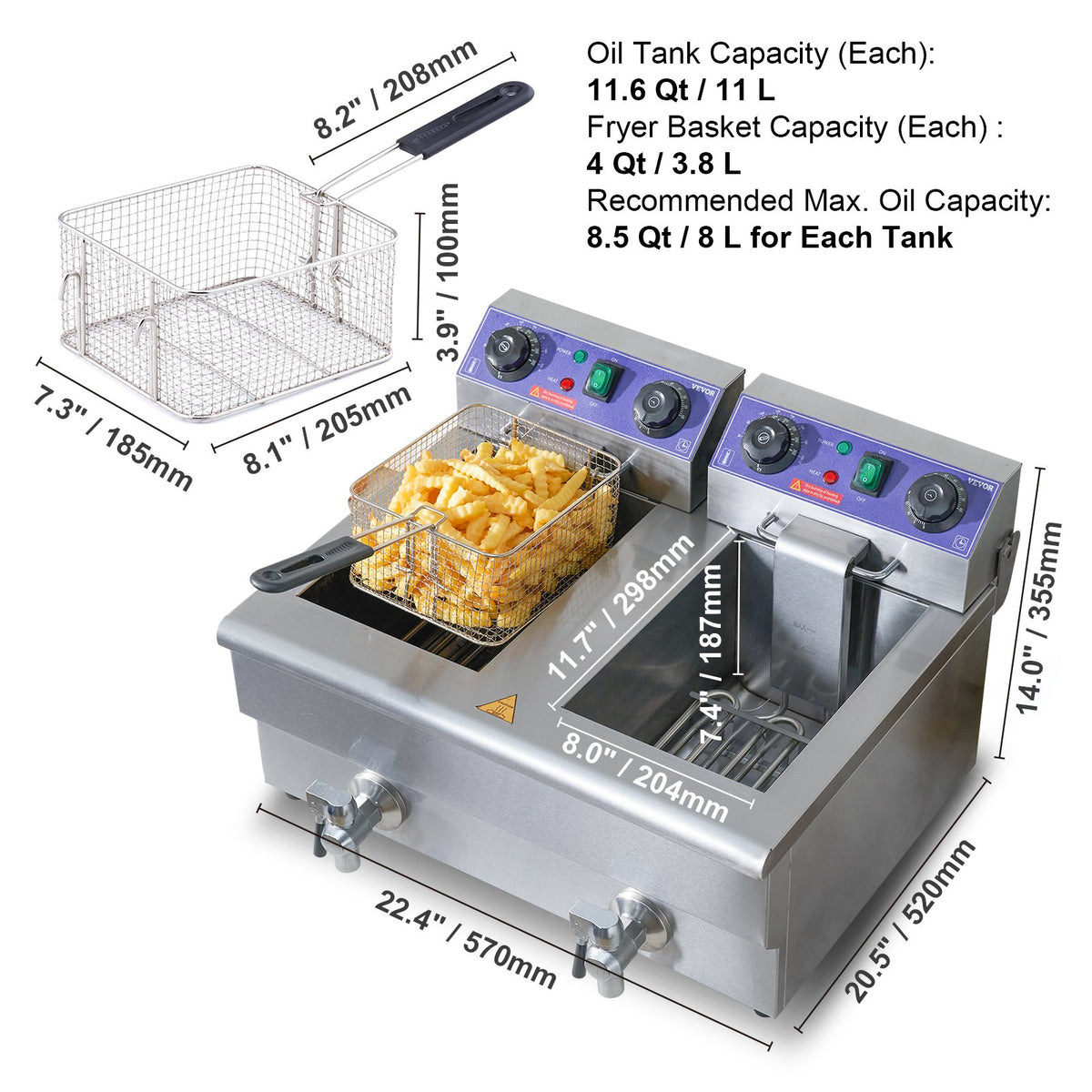 Commercial Electric Deep Fryer Countertop Deep Fryer with Dual Tanks 6000W