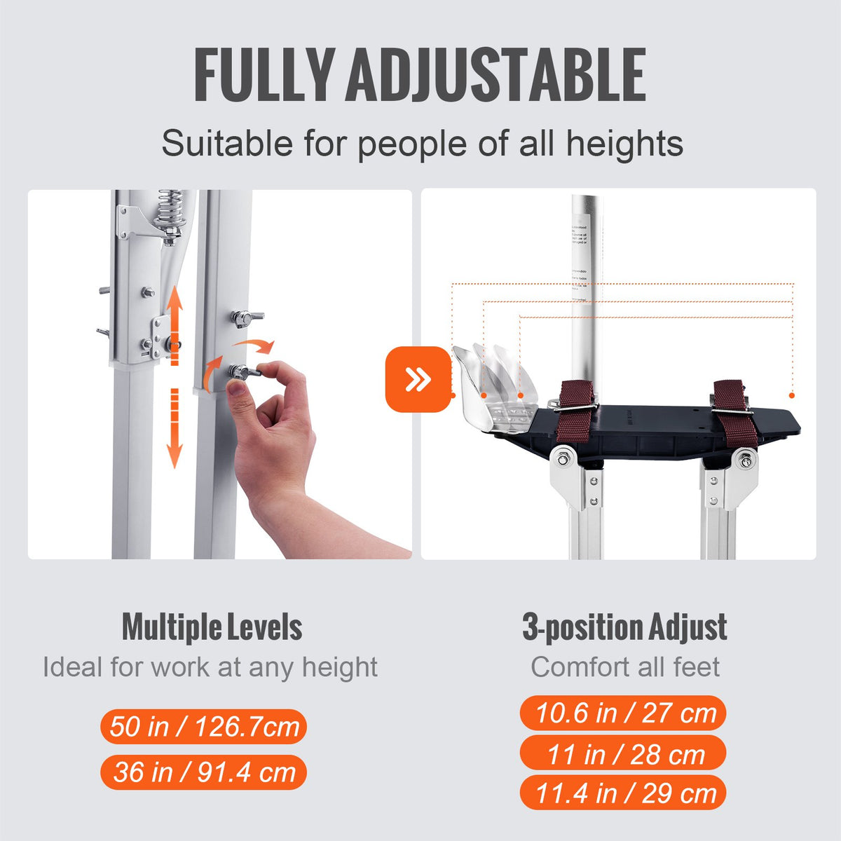 Drywall Stilts, 91.4 cm-127 cm Adjustable Aluminum Tool Stilts with Protective Knee Pads, Durable and Non-slip Work Stilts for Sheetrock Painting, Walking, Taping, Silver