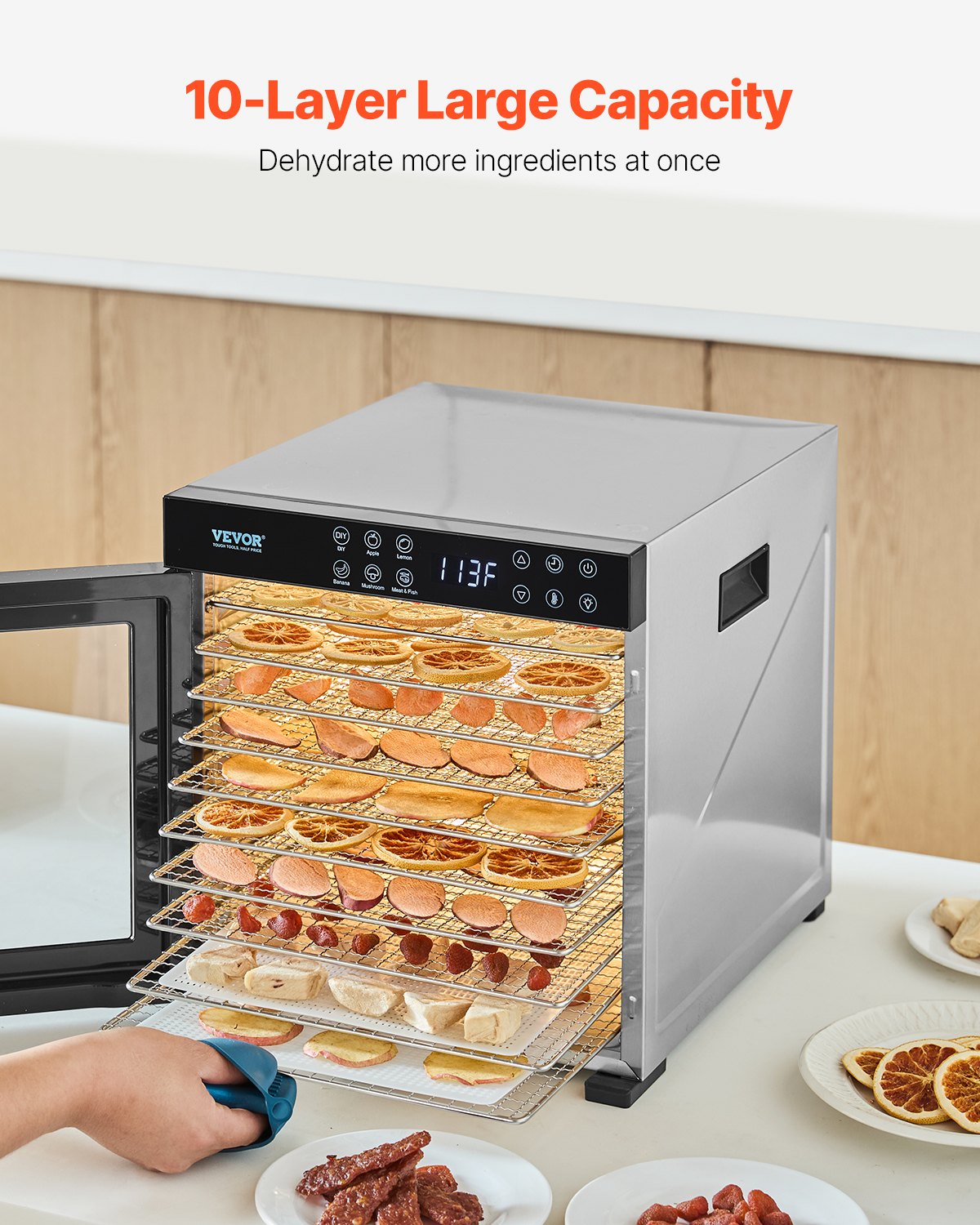 Livsmedelstorkmaskin, 10 rostfria stålbrickor, 1000W elektrisk livsmedelstork med justerbar temperatur och 24-timmars timer, frystork för jerky, kött, frukt, grönsaker, örter, hundgodis