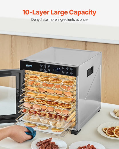 Livsmedelstorkmaskin, 10 rostfria stålbrickor, 1000W elektrisk livsmedelstork med justerbar temperatur och 24-timmars timer, frystork för jerky, kött, frukt, grönsaker, örter, hundgodis