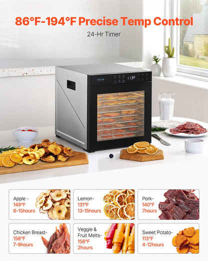 Livsmedelstorkmaskin, 10 rostfria stålbrickor, 1000W elektrisk livsmedelstork med justerbar temperatur och 24-timmars timer, frystork för jerky, kött, frukt, grönsaker, örter, hundgodis