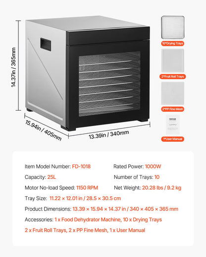 Livsmedelstorkmaskin, 10 rostfria stålbrickor, 1000W elektrisk livsmedelstork med justerbar temperatur och 24-timmars timer, frystork för jerky, kött, frukt, grönsaker, örter, hundgodis