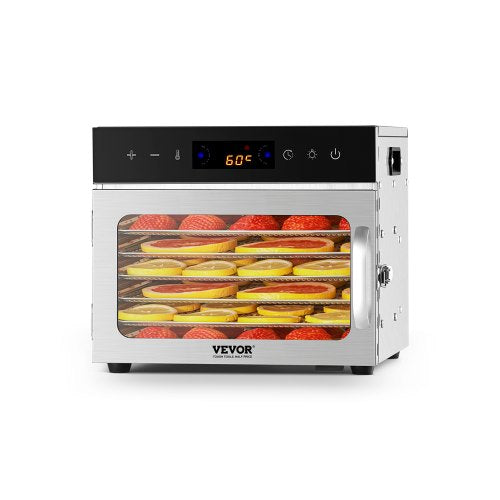 Livsmedelstorkmaskin, 6 rostfria stålbrickor, 400W elektrisk livsmedelstork med justerbar temperatur och 24-timmars timer, frystork för jerky, kött, frukt, grönsaker, örter, hundgodis