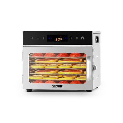 Livsmedelstorkmaskin, 6 rostfria stålbrickor, 400W elektrisk livsmedelstork med justerbar temperatur och 24-timmars timer, frystork för jerky, kött, frukt, grönsaker, örter, hundgodis