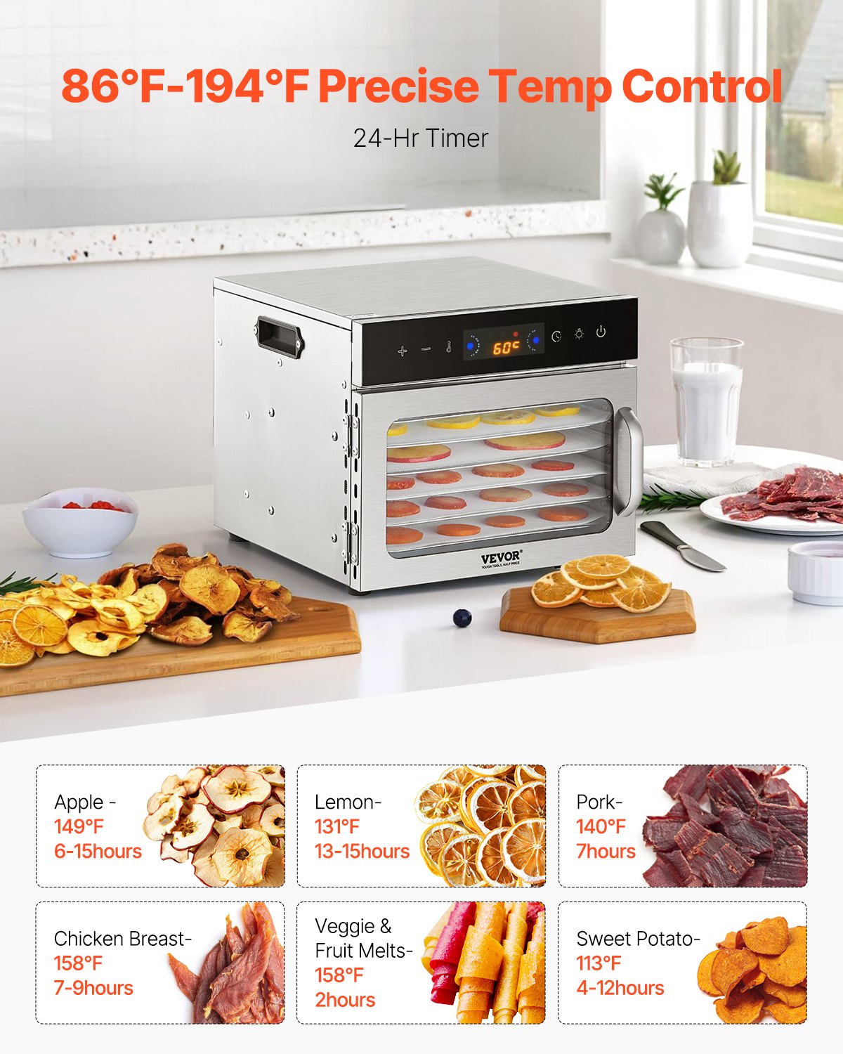 Livsmedelstorkmaskin, 6 rostfria stålbrickor, 400W elektrisk livsmedelstork med justerbar temperatur och 24-timmars timer, frystork för jerky, kött, frukt, grönsaker, örter, hundgodis