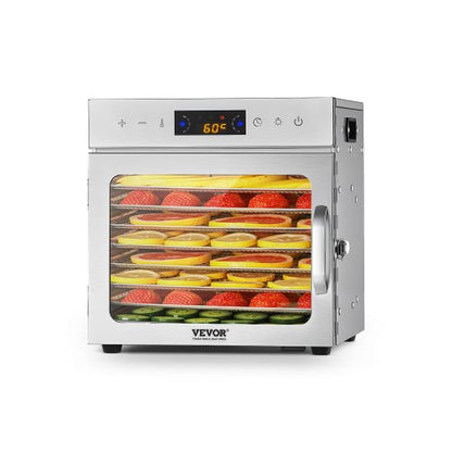 Livsmedelstorkmaskin, 8 rostfria stålbrickor, 400W elektrisk livsmedelstork med justerbar temperatur och 24-timmars timer, frystork för jerky, kött, frukt, grönsaker, örter, hundgodis