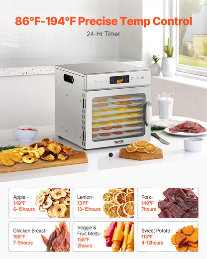 Livsmedelstorkmaskin, 8 rostfria stålbrickor, 400W elektrisk livsmedelstork med justerbar temperatur och 24-timmars timer, frystork för jerky, kött, frukt, grönsaker, örter, hundgodis
