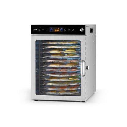 Roterande torkmaskin för livsmedel, 12 brickor i rostfritt stål, 800W elektrisk torktumlare med justerbar temperatur och 24-timmars timer, frystork för jerky, kött, frukt, grönsaker, örter, hundgodis