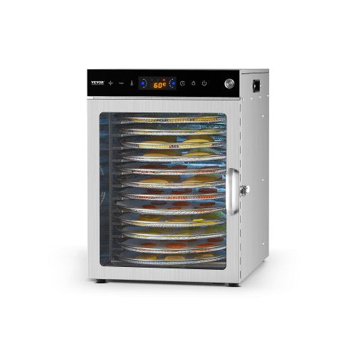 Roterande torkmaskin för livsmedel, 12 brickor i rostfritt stål, 800W elektrisk torktumlare med justerbar temperatur och 24-timmars timer, frystork för jerky, kött, frukt, grönsaker, örter, hundgodis