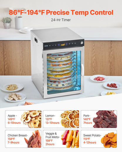 Roterande torkmaskin för livsmedel, 12 brickor i rostfritt stål, 800W elektrisk torktumlare med justerbar temperatur och 24-timmars timer, frystork för jerky, kött, frukt, grönsaker, örter, hundgodis