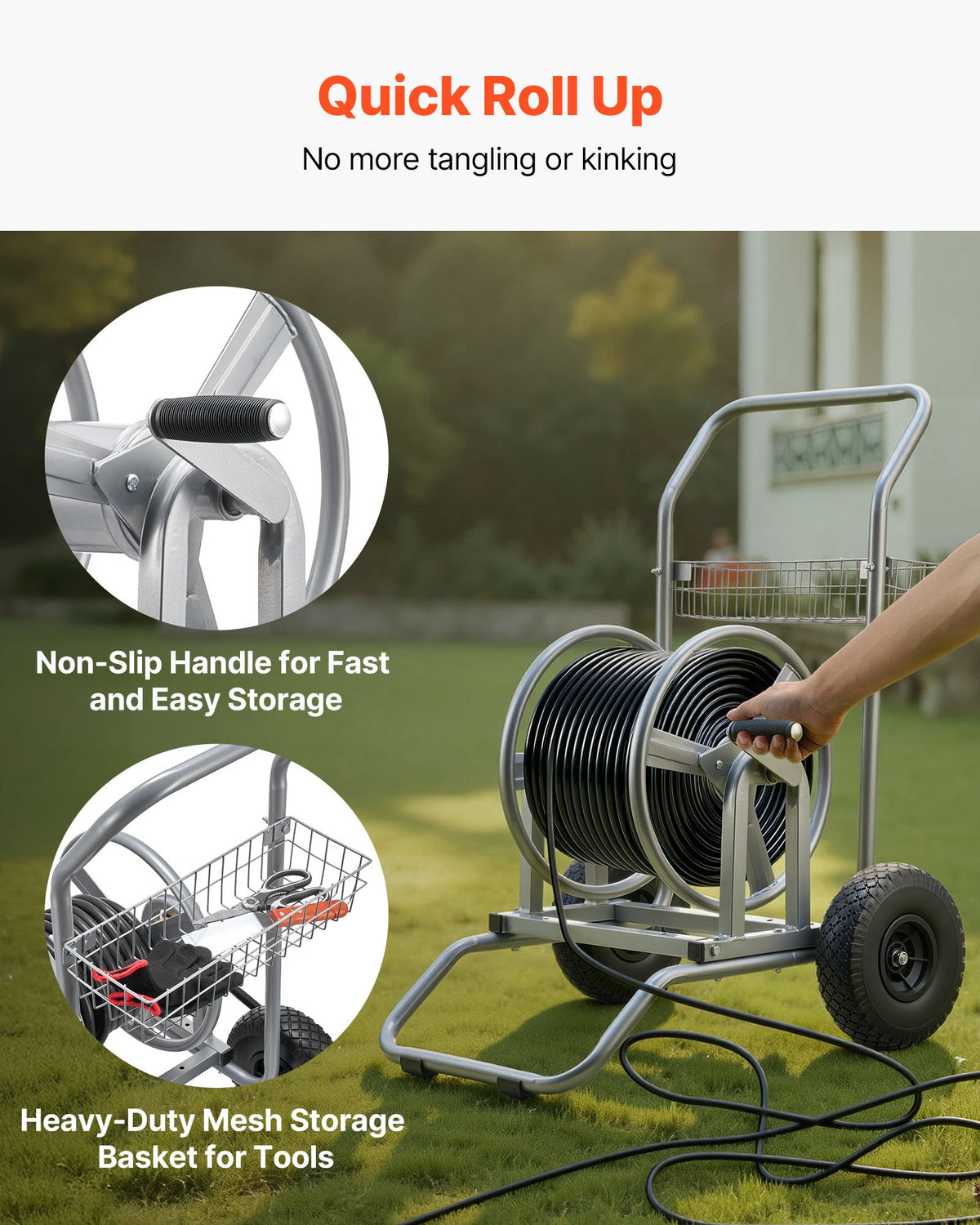 Water Hose Reel Cart, 6096/9144 cm High-Pressure Garden Hose Cart, Hoses Reel Carts with Two Wheels, Handle & Heavy-Duty Mesh Storage Basket, Dual-Purpose Portable Hoses Reels for Garden, Car