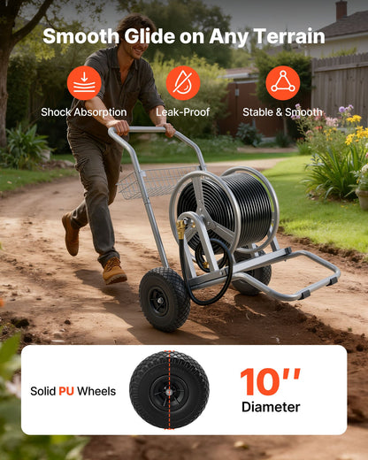 Water Hose Reel Cart, 6096/9144 cm High-Pressure Garden Hose Cart, Hoses Reel Carts with Two Wheels, Handle & Heavy-Duty Mesh Storage Basket, Dual-Purpose Portable Hoses Reels for Garden, Car