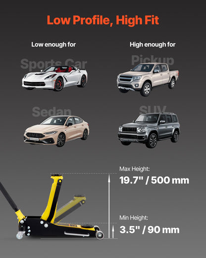 Floor Jack, 3 Ton Low Profile Floor Jack, Aluminum And Steel Racing Floor Jack With Dual Pistons Quick Lift Pump, Floor Jack Lifting Range 90 mm-500 mm