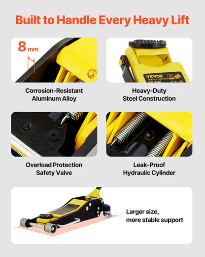 Floor Jack, 3 Ton Low Profile Floor Jack, Aluminum And Steel Racing Floor Jack With Dual Pistons Quick Lift Pump, Floor Jack Lifting Range 90 mm-500 mm