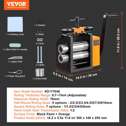 Rolling Mill, 3"/76 mm Jewelry Rolling Mill Machine, 1: 2 Gear Ratio, 3-in-1 Multi-function Rolling Mill, 0.1-7mm Press Thickness for Metal Jewelry Making Sheet Square Wire Semicircle Pattern