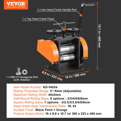 Rolling Mill, 1.77"/45 mm Jewelry Rolling Mill Machine, 1: 2.4 Gear Ratio, 3-in-1 Multi-function Rolling Mill, 0-6 mm Press Thickness for Metal Jewelry Making Sheet Square Wire Semicircle