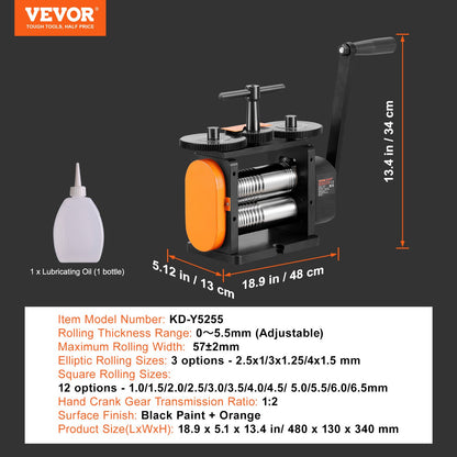 Valsverk, 2,24"/57 mm smyckesvalsmaskin, 1:2 utväxling, 3-i-1 multifunktionsvalsverk, 0-5,5 mm presstjocklek för metallsmyckestillverkning, plåt, fyrkantig tråd, elliptisk