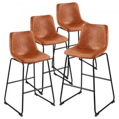 Barstolsset med 4, 65 cm barstolar i barhöjd, modern barstol i PU-läder med ryggstöd, metallben, enkel montering, armstödslös barstol, barstol med köksö, matsal, brun