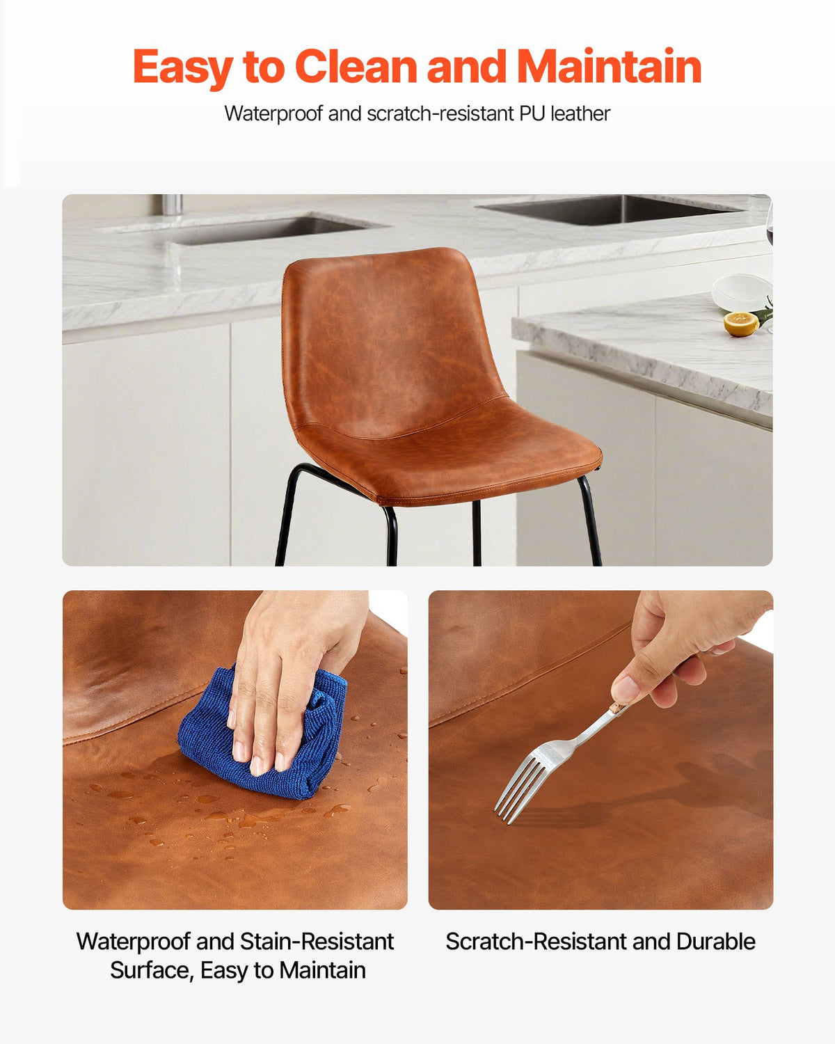 Barstolsset med 4, 65 cm barstolar i barhöjd, modern barstol i PU-läder med ryggstöd, metallben, enkel montering, armstödslös barstol, barstol med köksö, matsal, brun