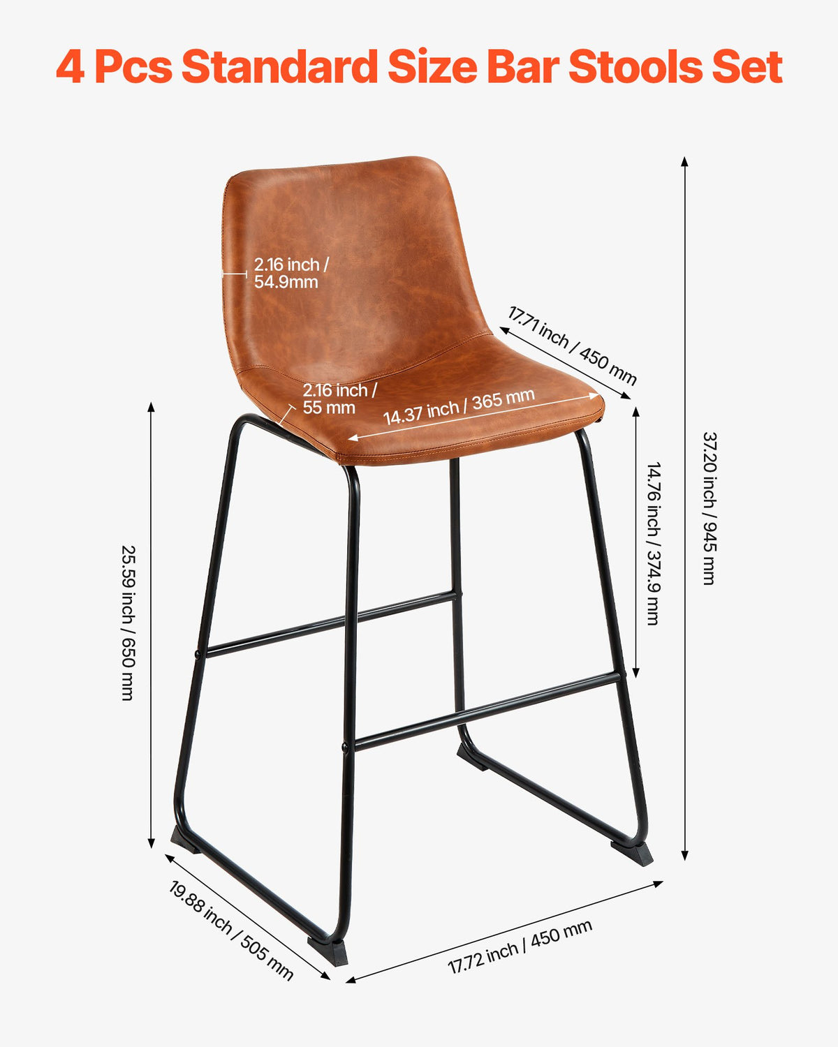 Barstolsset med 4, 65 cm barstolar i barhöjd, modern barstol i PU-läder med ryggstöd, metallben, enkel montering, armstödslös barstol, barstol med köksö, matsal, brun
