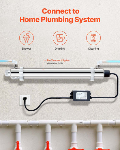 UV-vattenrenare, 25W 6GPM, 220V mångsidigt ultraviolett vattenrenarfilter med hölje i rostfritt stål, UV-vattenfilter för hela huset med kvartshylsa, lämplig för dusch/drickande/rengöring