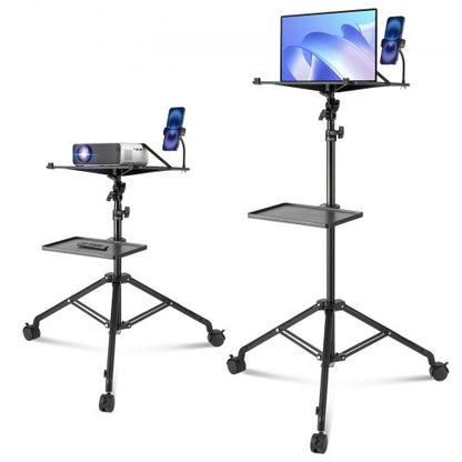 Projektorstativ med hjul, laptopstativ, justerbar höjd från 31,3 till 67,3", projektorstativ med 2 fack och svanhalstelefonhållare, för utomhusfilmer, hem, kontor eller studio