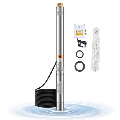 Dränkbar djupbrunnspump, 550 W uteffekt, 230 V, 100 L/min flöde, 53 m (174 ft) tryckhöjd, med 20 m (65,62 ft) sladd, extern kontrollbox, vattenpump i rostfritt stål, för industriell bevattning och hemmabruk, IP68