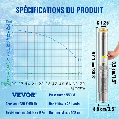 Dränkbar djupbrunnspump, 550W 230V/50Hz, 35L/min 108 m huvudsandbeständig <5%, 20 m elkabel, 7,6 cm vattenpumpar i rostfritt stål för industri, bevattning och hemmabruk, IP68 vattentät