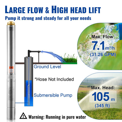 Dränkbar djupbrunnspump, 1100 W 230 V 50 Hz, 7,1 m³/h maxflöde 105 m maxhöjd med 19,4 m elkabel, vattenpumpar i rostfritt stål för industriell bevattning och hemmabruk, IP68 vattentät klass