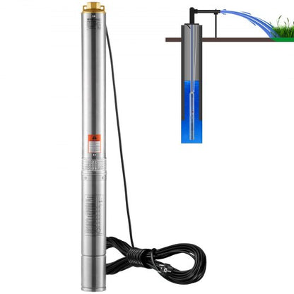 Dränkbar djupbrunnspump, 3 hk/2200 W 230 V/50 Hz, 9,8 m³/h flöde 144 m tryckhöjd, med 9,1 m elsladd, vattenpumpar i rostfritt stål för industri, bevattning och hemmabruk, IP68 vattentät klass