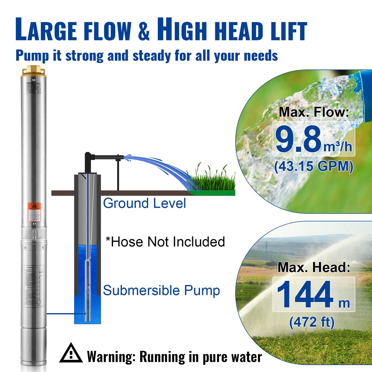 Dränkbar djupbrunnspump, 3 hk/2200 W 230 V/50 Hz, 9,8 m³/h flöde 144 m tryckhöjd, med 9,1 m elsladd, vattenpumpar i rostfritt stål för industri, bevattning och hemmabruk, IP68 vattentät klass
