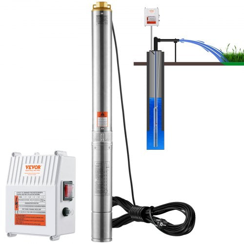 Dränkbar djupbrunnspump, 1500W 230V 60Hz, 9,8 m³/h 108 m tryckhöjd, med 19,4 m sladd och extern kontrollbox, vattenpumpar i rostfritt stål för industriellt bruk, bevattning och hemmabruk, IP68 vattentät