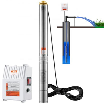 Dränkbar djupbrunnspump, 1500W 230V 60Hz, 9,8 m³/h 108 m tryckhöjd, med 19,4 m sladd och extern kontrollbox, vattenpumpar i rostfritt stål för industriellt bruk, bevattning och hemmabruk, IP68 vattentät