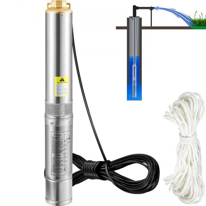 Dränkbar djupbrunnspump, 750W 230V/50Hz, 105L/min 62 m huvud, sandbeständig <5%, 20 m elkabel, 8,9 cm vattenpumpar i rostfritt stål för industri, bevattning och hemmabruk, IP68 vattentät