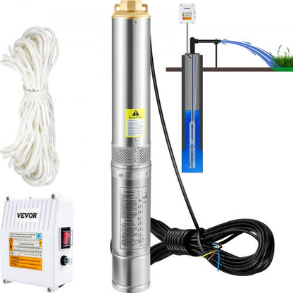 Dränkbar djupbrunnspump, 1100W 230V/50Hz, 190L/min 57 m tryckhöjd, med 20 m sladd och extern kontrollbox, 10,2 cm vattenpumpar i rostfritt stål för industriellt bruk, bevattning och hemmabruk, IP68 vattentät