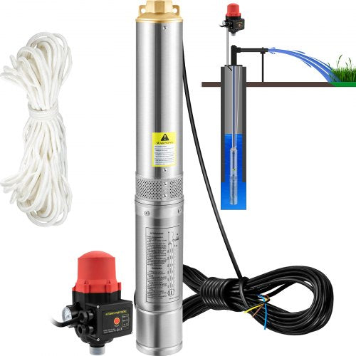 Dränkbar djupbrunnspump, 550W 230V/50Hz, 50L/min 89 m tryck, 20 m sladd och automatisk tryckbrytare, 8,2 cm vattenpumpar i rostfritt stål för industri, bevattning och hemmabruk, IP68 vattentät