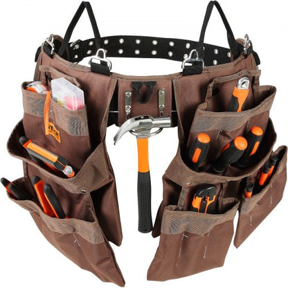 Tool Belt, 19 Pockets, Adjusts from 32 Inches to 54 Inches, Polyester Heavy Duty Tool Pouch Bag, Detachable Tool Bag for Electrician, Carpenter, Handyman, Woodworker, Construction, Framer, Brown