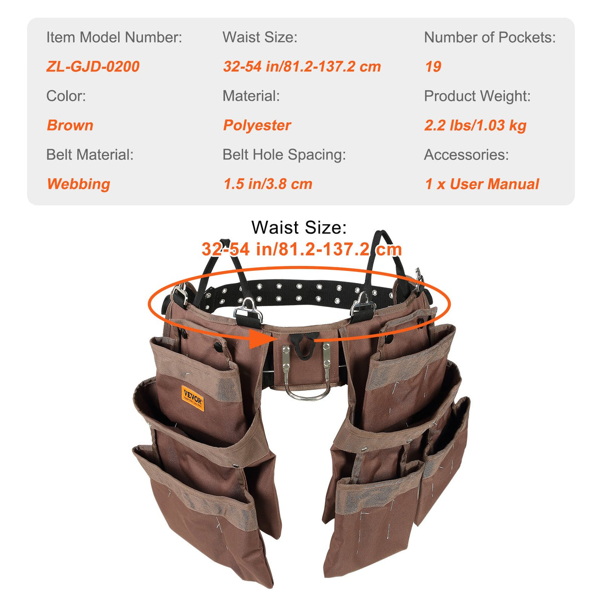 Tool Belt, 19 Pockets, Adjusts from 32 Inches to 54 Inches, Polyester Heavy Duty Tool Pouch Bag, Detachable Tool Bag for Electrician, Carpenter, Handyman, Woodworker, Construction, Framer, Brown