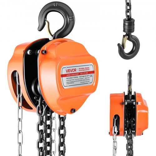Hand Chain Hoist, 1 Ton Capacity, Manual Chain Block with Upgrade G80 Galvanized Chain, 6 m Lifting Height, Heavy Duty Pulley Hoist for Garage Warehouse Automotive Machinery, Orange